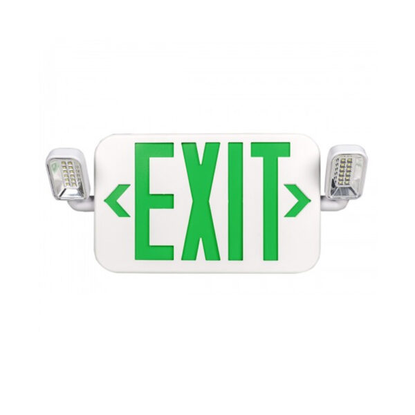 LED Exit Sign and Emergency Light Combo Single or Double Face Green Letters Wall or Ceiling Mount 90-min Battery Backup with Two 1.2W LED Lamp Heads 6500K White