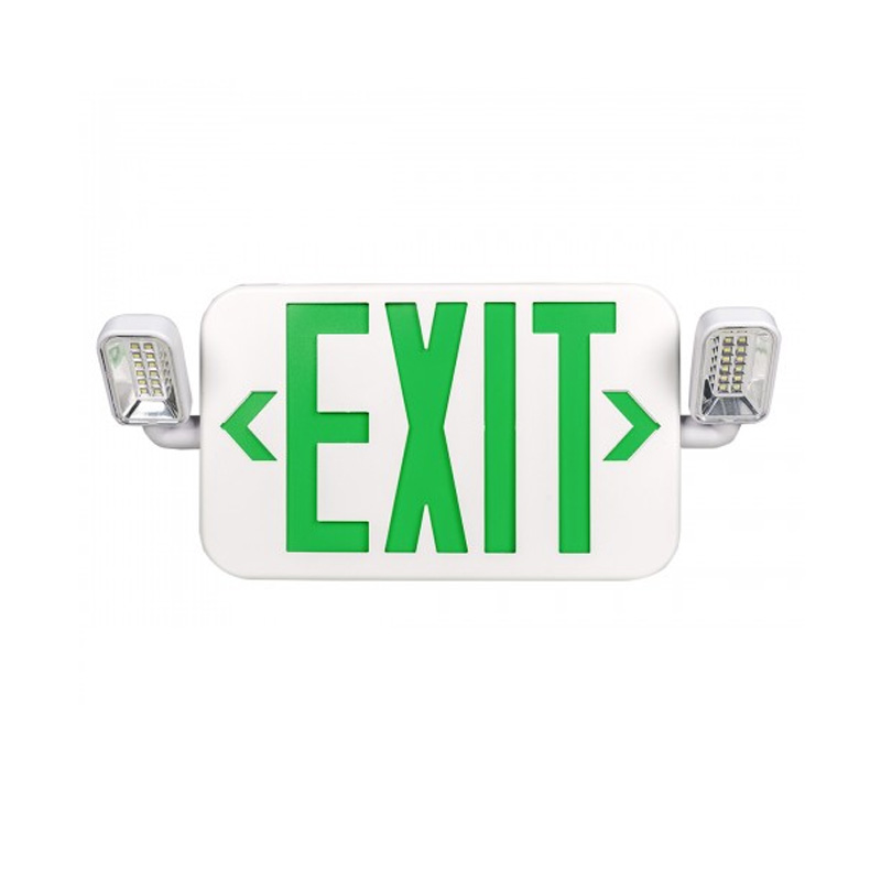 LED Exit Sign and Emergency Light Combo Single or Double Face Green Letters Wall or Ceiling Mount 90-min Battery Backup with Two 1.2W LED Lamp Heads 6500K White